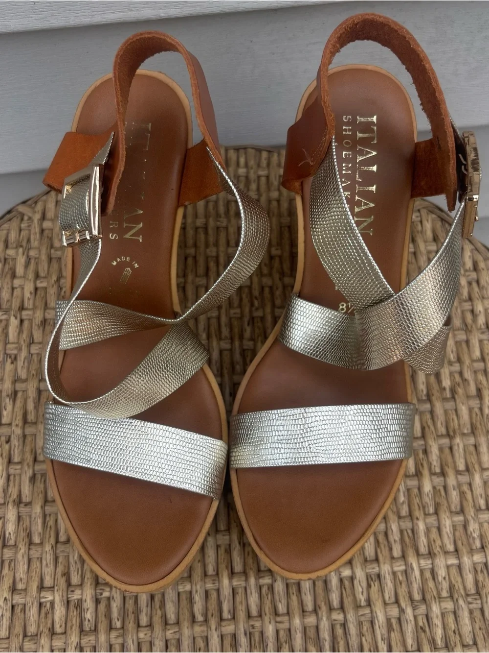 Italian Shoemakers Silver and Brown Cork Wedge Sandals